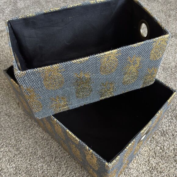 Gold Black Pineapple Black Lined Storage Bins Set Of 2 Large & Small - Picture 1 of 4